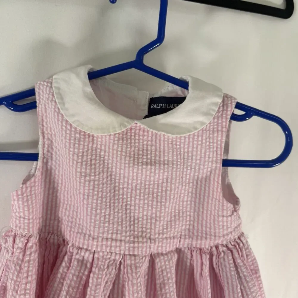 Ralph Lauren Dress Baby Girl 9M Pink WHite Striped Sleeveless Collared Cotton
